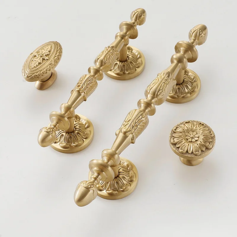 Solid Brass Door Wardrobe Handles Retro Bronze Gold French Cabinet Cupboard Hardware Kitchen Drawer Pulls Furniture Handles