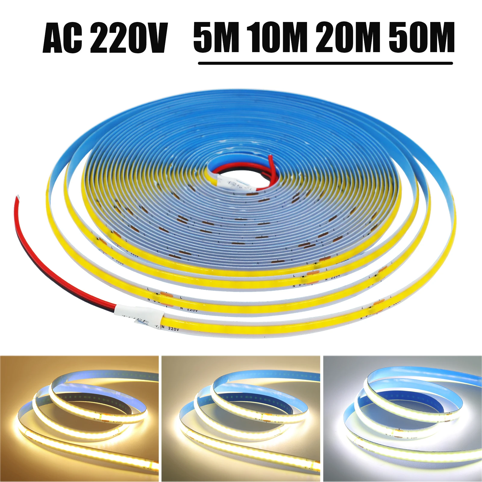 5m 10m 20m 50m/Rolle Cob Strip AC 220V 120leds/m IP20 240 k 3000k 4000k Treiber eingebaut in Wohnkultur flexible Band Seil LED-Licht