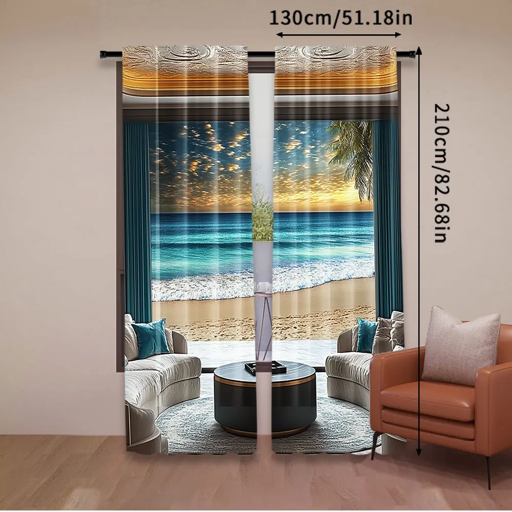 2Pcs Fantasy Scenery Curtain Abstract Seascape Ocean Horizon With Oriental Detailed Room Curtain For Bedroom Living Room And