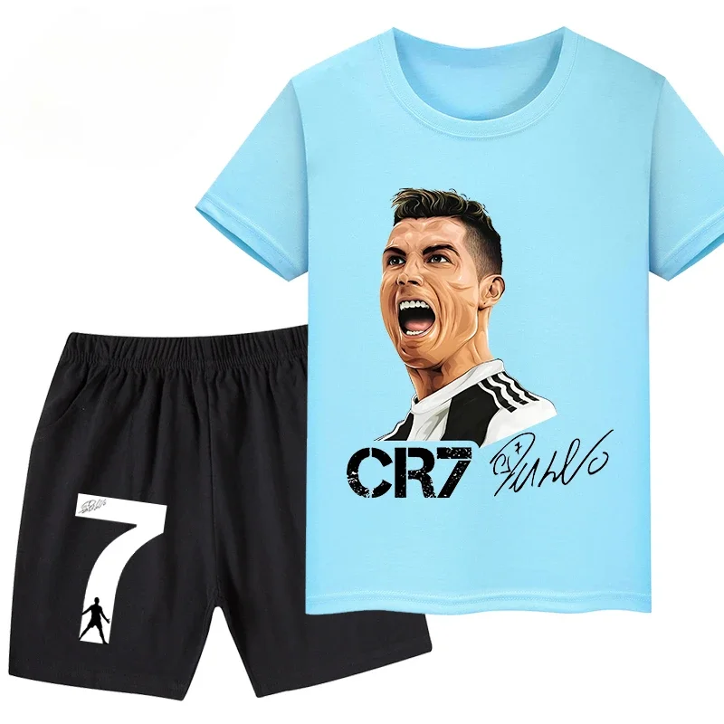 2024 Ronaldo Football Player CR7 Printed Children Clothing Casual T-shirt+Shorts 2pcs Sets Summer Kids Boys Fashion Sportsuits