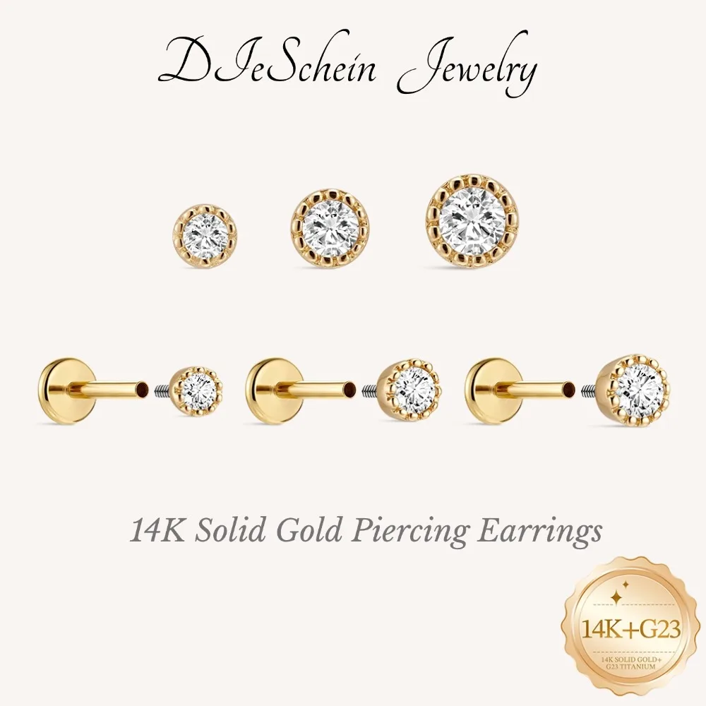 DIeSchein 14K Solid Gold Piercing Earrings for Women Classic Weeding Flat Back Stud Earrings for Helix Tragus Daith Piercings