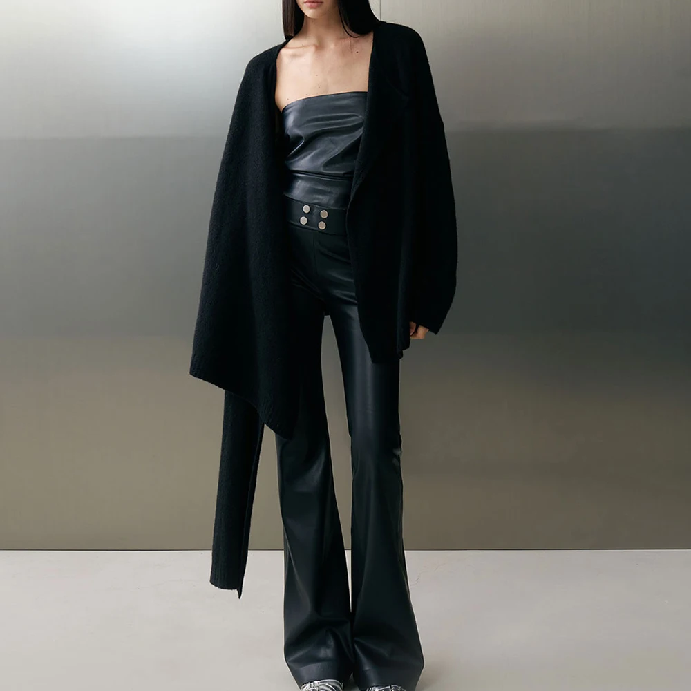 TWOTWINSTYLE Solid Spliced Sashes Chic Leather Trousers Female High Waist Slimming Streetwear Women's Pants Autumn New Fashion