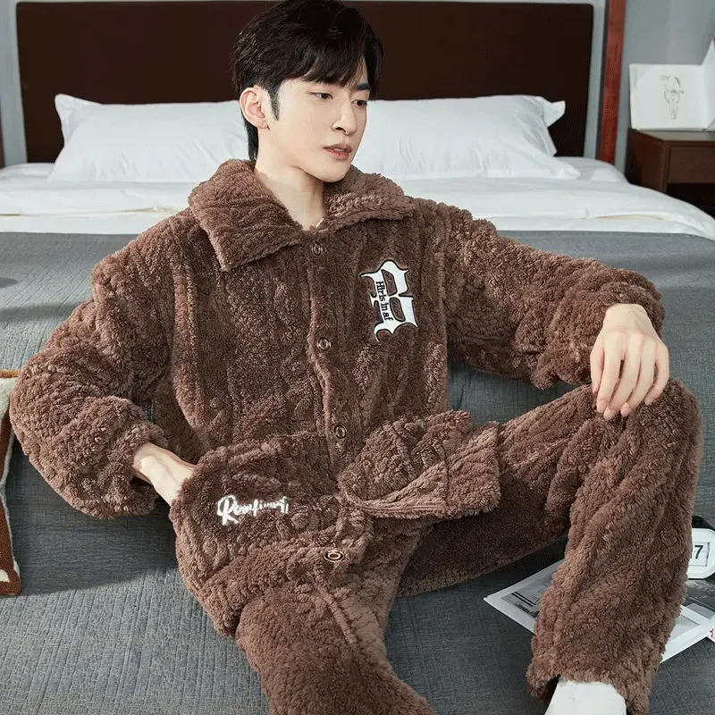 Male Nightwear Autumn Winter New Sleep Sets Thickened Pajamas Men Polo Neck Househould Apparel Youth Homewear Outdoor Clothes