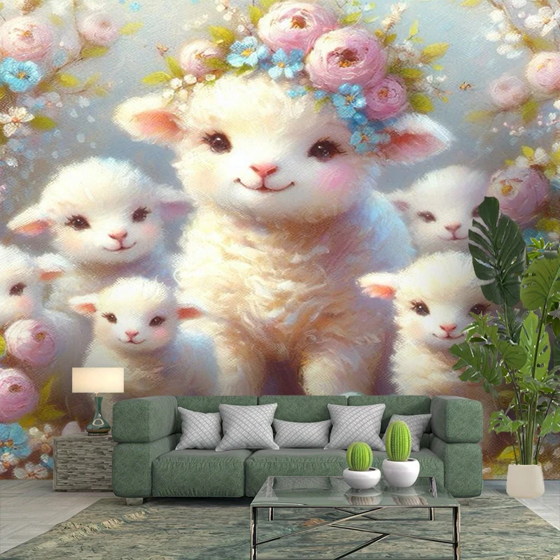 1PC Cute Lamb Flower Crown Art Print Backdrop Banner, Bedroom Living Room Photo Background, Polyester, Home Decor, Wall Art