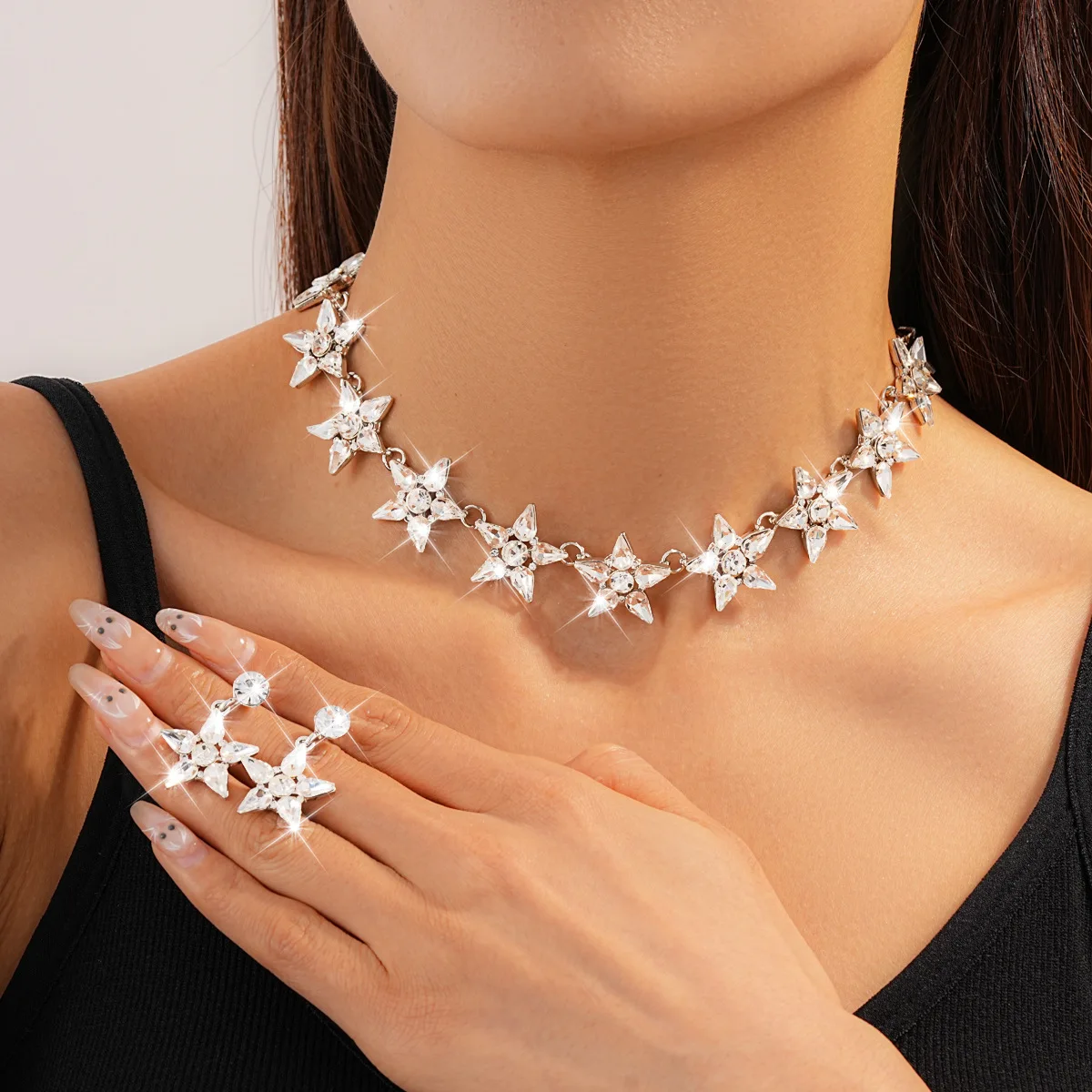 Diamond star splicing earrings necklace set personalized fashion choker collarbone chain niche high-end item jewelry women