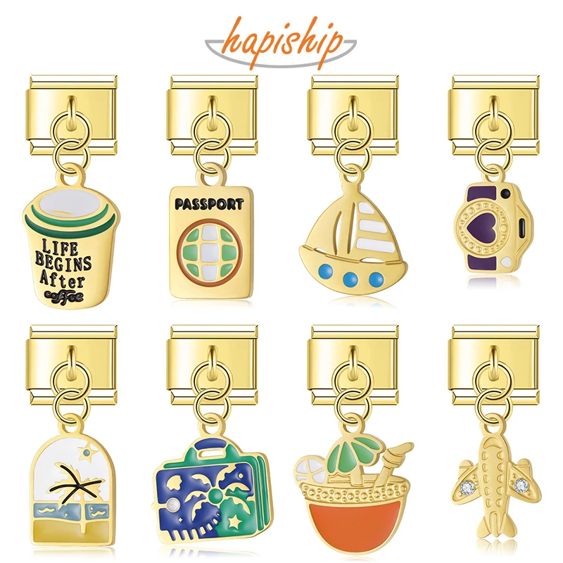 Hapiship 2025 New Women Golden Travel Camera Boat Italian Charms Fit 9mm Bracelet Stainless Steel DIY Making Jewelry DJ096