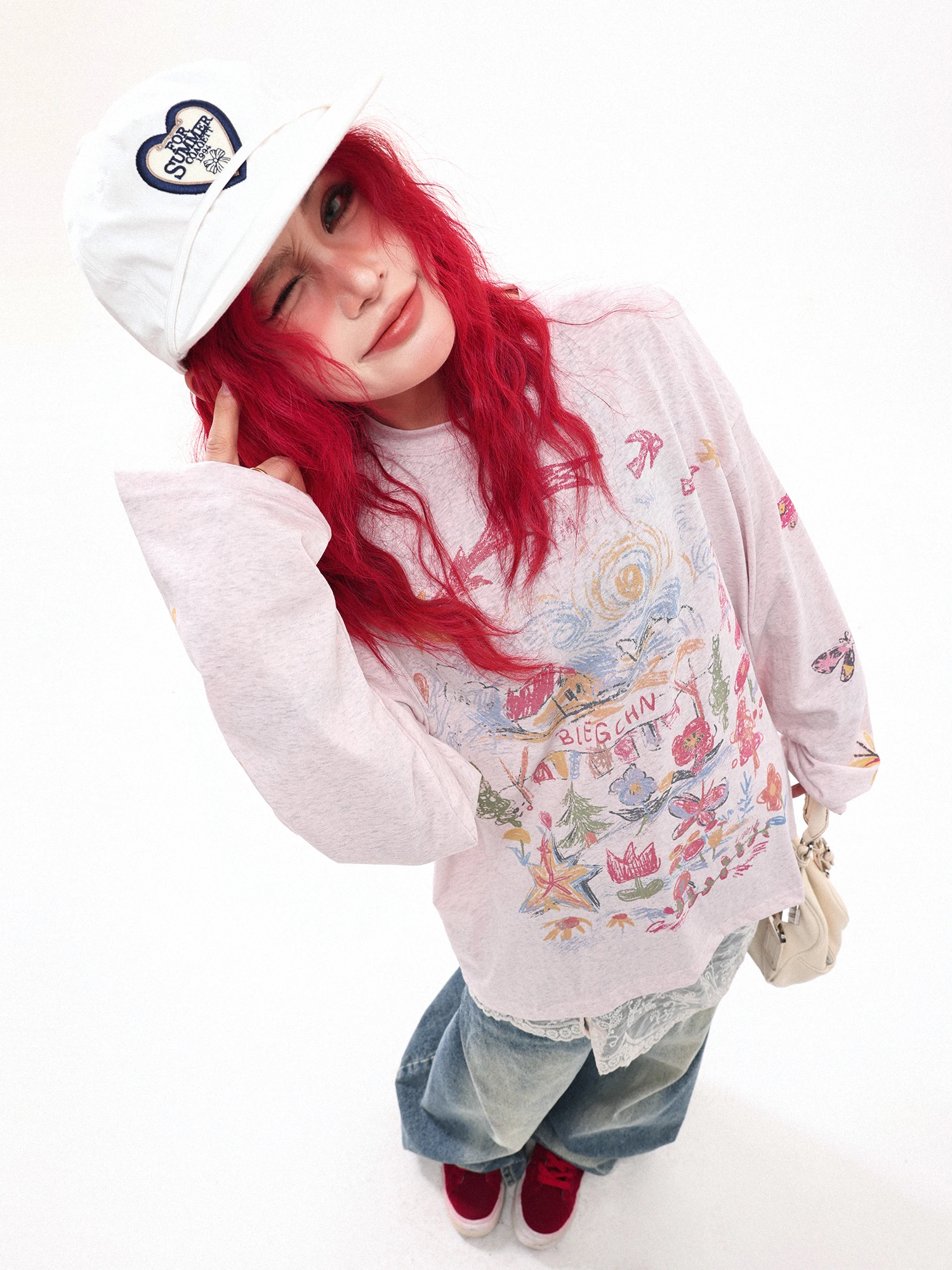 

Damon Island Original Retro fiti Fun Print Loose Long Sve T-irt Women's American Trendy Lazy Base irt Faionable ...