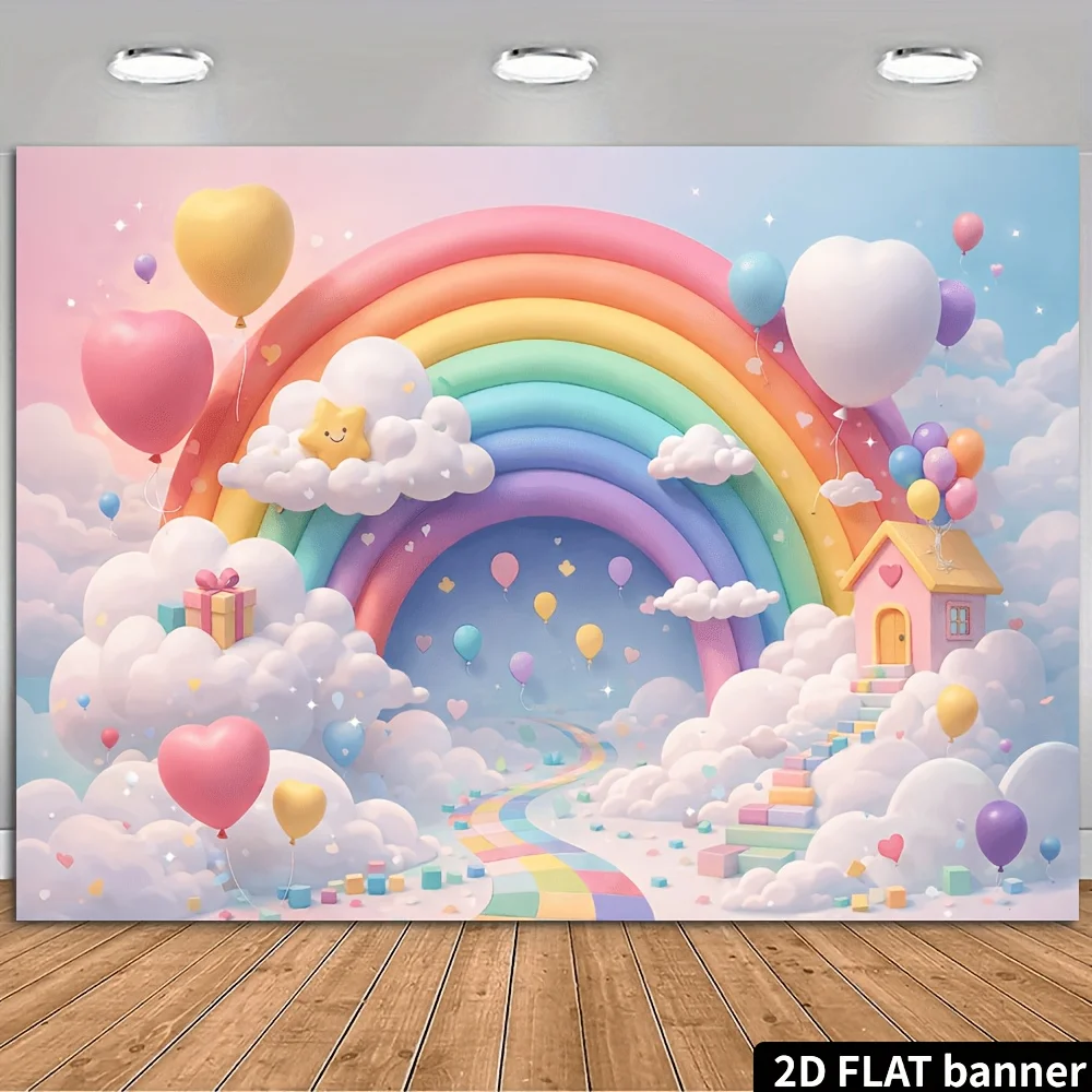 Rainbow Cloud Cabin Background Wall with Macaron Balloon and Nebula - Suitable for parties, photography, decoration, weddings