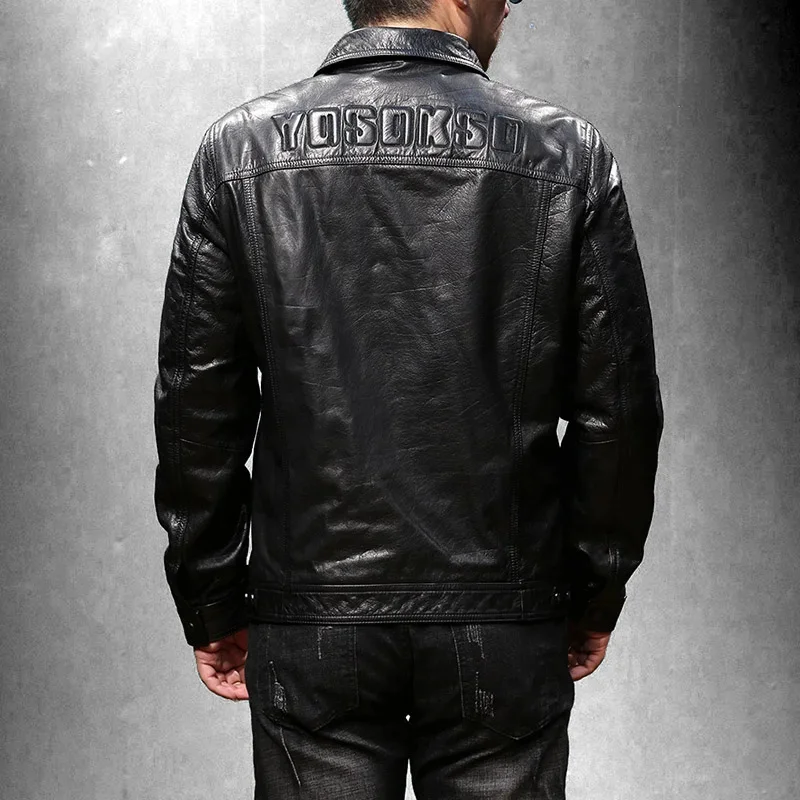 YL506 European US Size High Quality Super Warm Genuine Cow Leather Coat Mens Big Biker Jacket