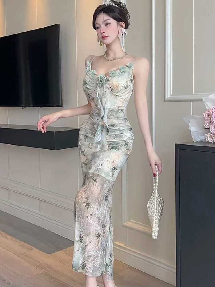 2025 neue Rosa Floral Mesh Rüschen Sexy Sling Langes Kleid Frauen Boho Elegante Casual Kleid Sommer Koreanische Mode Bodycon Prom Kleid