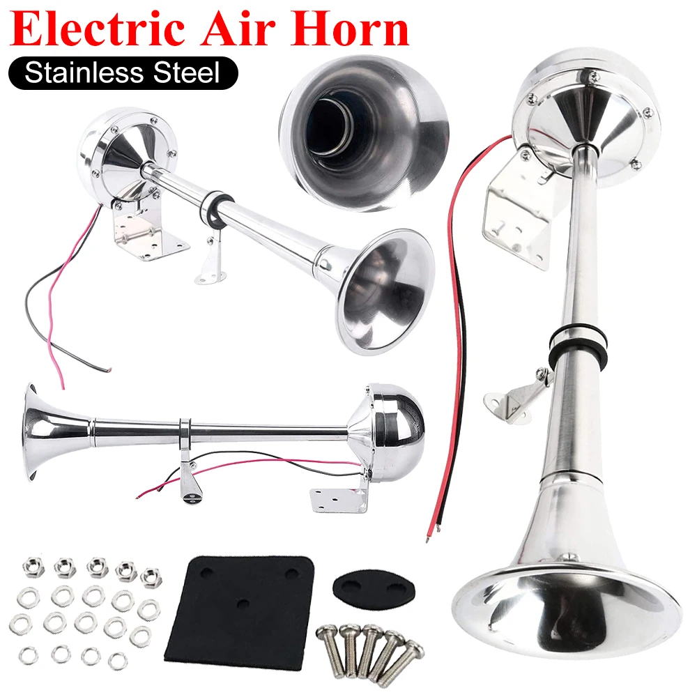 

12V Single Trumpet Horn Mounting Kit Polished Stainless Steel Trumpet Horn Low Tone Electric Air Horn for Marine Boat Truck RV
