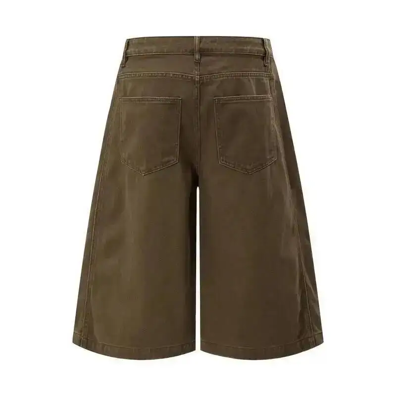 Summer New Men's Casual Shorts Brown Washed Deconstructed Stitch Loose Straight Leg Daily Streetwear Wide Leg Pants 9X3BGC