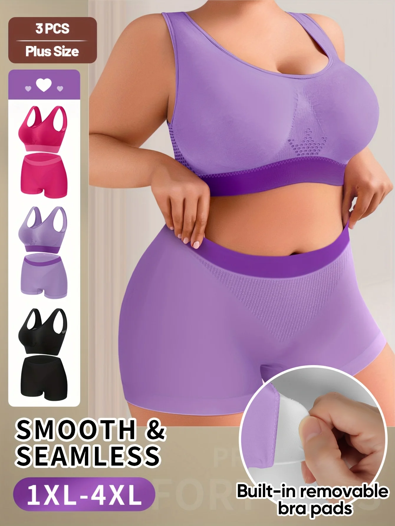 

3pcs Women's lingerie set Plus Size Bralette Seamless Bra Comfortable Breathable Sports Bra Stretch Fabric Boxers