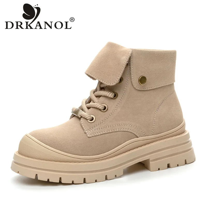 DRKANOL stivali da donna autunno inverno classici in pelle scamosciata di mucca punta tonda tacco spesso stivaletti con plateau per scarpe da strada