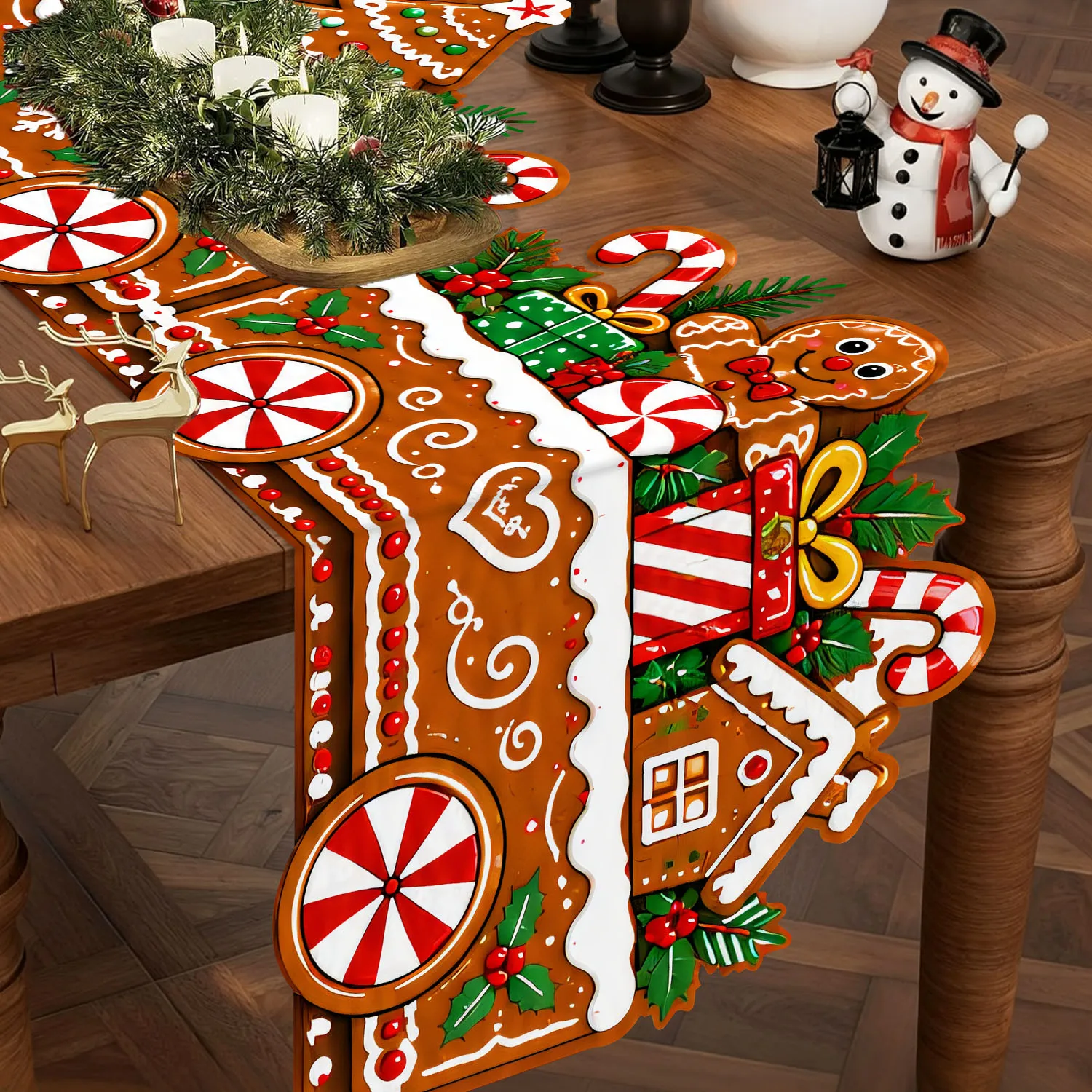 Xmas Table Runner Gingerbread Train Shaped Christmas Holiday Dining Table Decor Party Kitchen Home Decoration Supplies