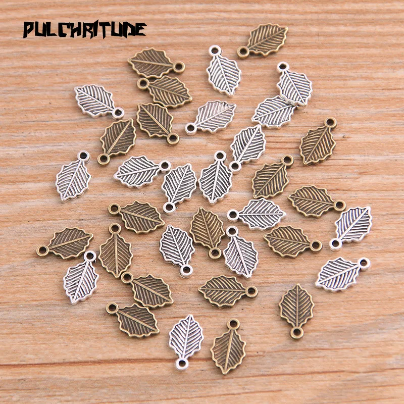 100PCS 6*10mm Two Color Vintage Metal Zinc Alloy Small Leaves Charms Fit Jewelry Animal Pendant Charms Makings