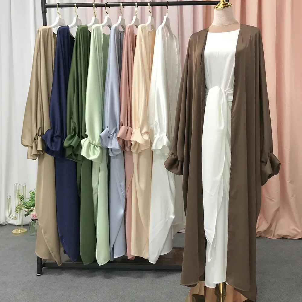 Ramadan Solid Open Abaya Kimono Dubai Turkey Puff Sleeve Satin Muslim Hijab Dress Abayas for Women Moroccan Kaftan Islam Clothes