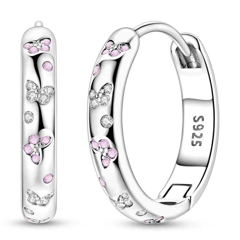 Ohrringe aus 925er-Sterlingsilber für Damen, rosa Zirkonium, Schmetterlings-Creolen-Ohrring für Jahrestag, Hochzeit, Schmuck, Geschenke