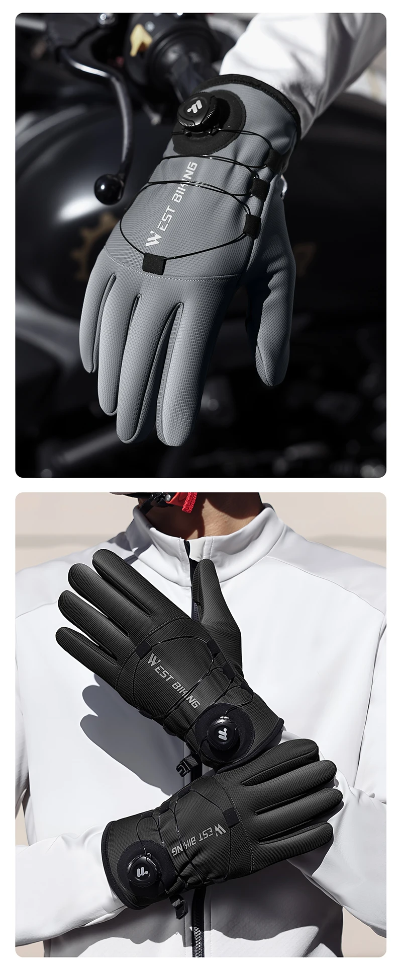 WEST BIKING Winter-Wärmehandschuhe für Herren, winddicht, mit Fleece, selbstverriegelndem Knopf, Touchscreen-fähig, rutschfest, für Mountainbike, Rennrad und Motorrad. – Detail 18