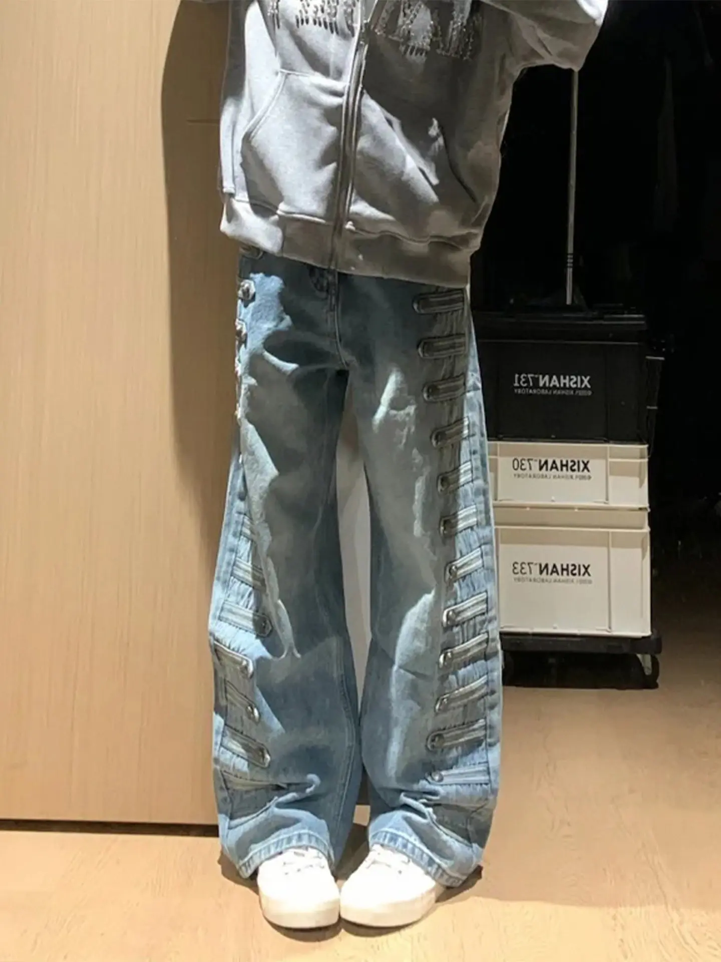 Washed Street Style Wide Leg Casual Jeans Men Women Spring Autumn Court Design Sense Double Row Button Knife Jeans