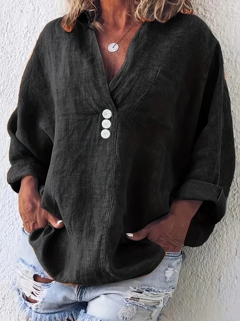 

Plus Size 1XL-5XL Women's Casual Shirt Top Fashionable Solid Color Button Up Lapel Long Sleeved Shirt