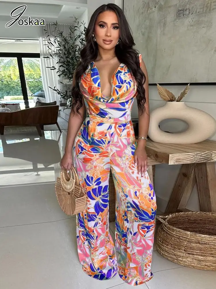 Joskaa Tute a gamba larga stampate a foglie Donna Hipster Profondo scollo a V Backless Skinny Pagliaccetti interi 2025 Summer Holiday Beachwear