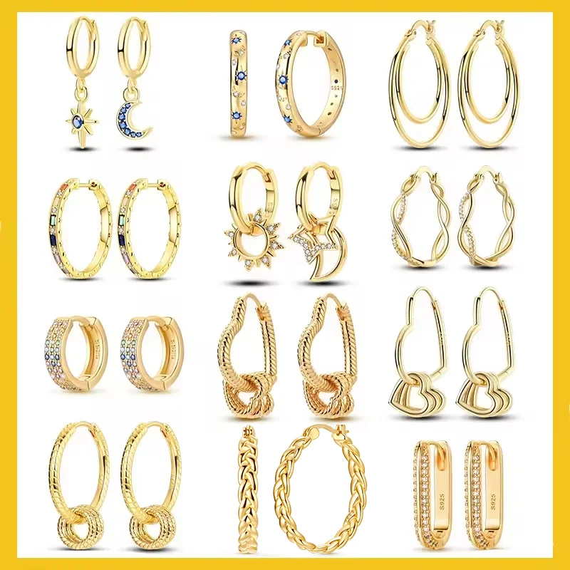 Sparkling Yellow Gold Starlight Hoop Earrings Classic Snakebone Multi-loop Earrings Star Moon 925 Silver Women Earring For Girl