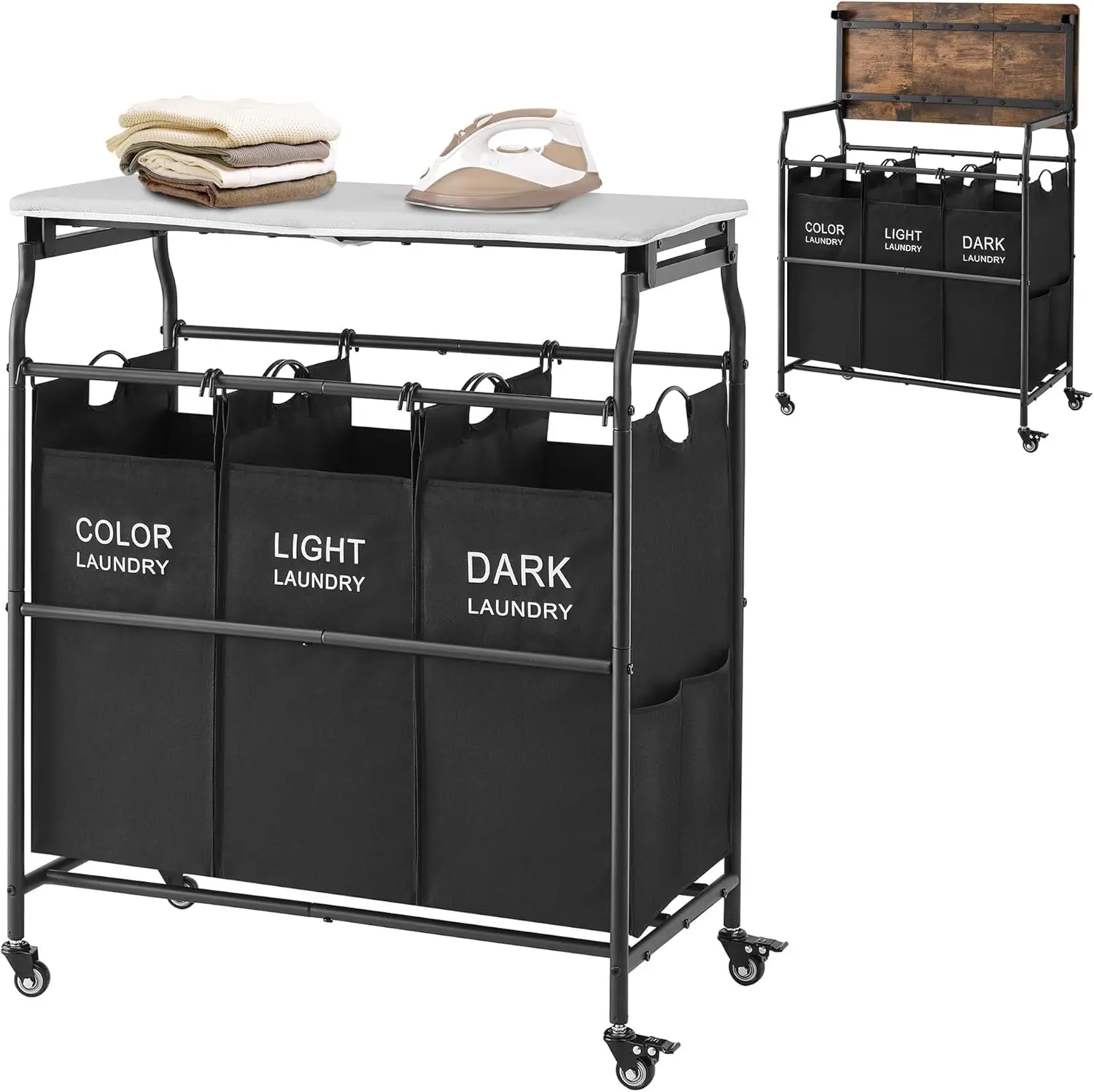

Тележка-органайзер для белья с 3 секциями, гладильной доской, съемными мешками, на колесиках, усиленная, черная