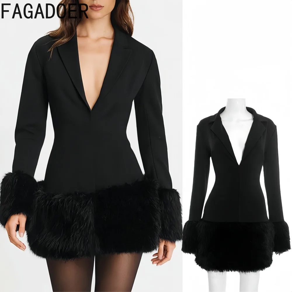 FAGADOER Winter New Sexy Fur Patchwork Bodycon Dresses Woman  Solid Color Deep V-neck Long Sleeves Dress Female Party Clubwear