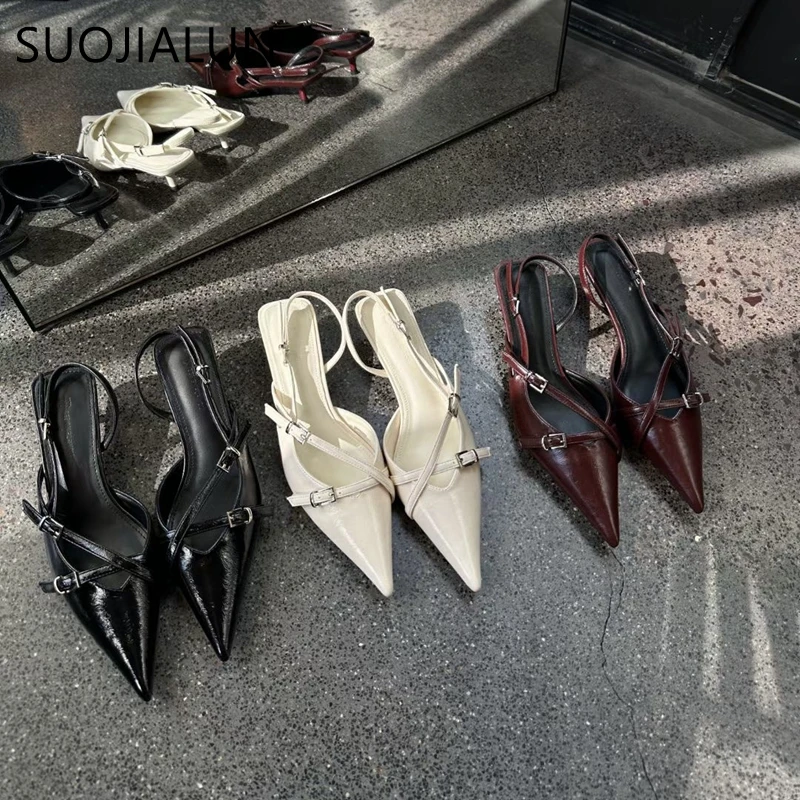 SUOJIALUN 2024 Spring New Brand Women Sandal Fashion Pointed Toe Slip On Shallow Slingback Sandal Thin High Heel Pumps Shoes