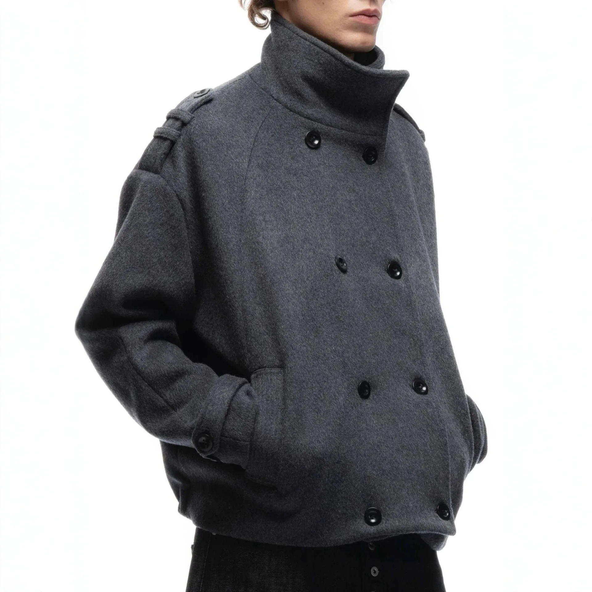 2000s Retro Clean fit Harajuku fashion casual Autumn and winter soild color collar fencing European American trend button jacket