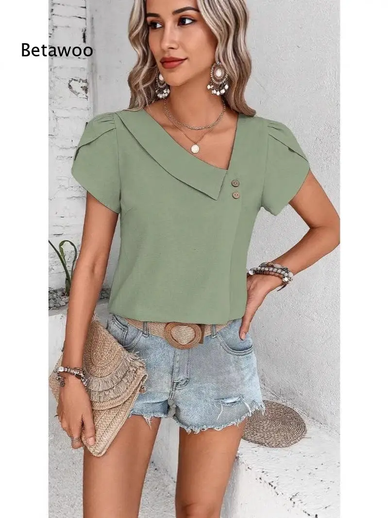 Solid Beige Asymmetric Collar Linen Top For Ladies Short Puff Sleeve Two Side Buttons Slim Casual Daily Blouse