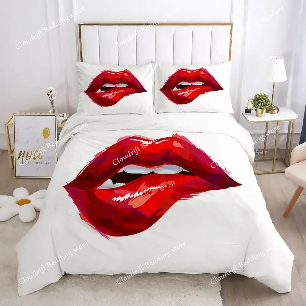 Red Lips Duvet Cover Set Queen Polyester Love Twin Bedding Set Sexy Theme Adult Couple Comforter Cover 3D Kiss Marks Quilt Cover