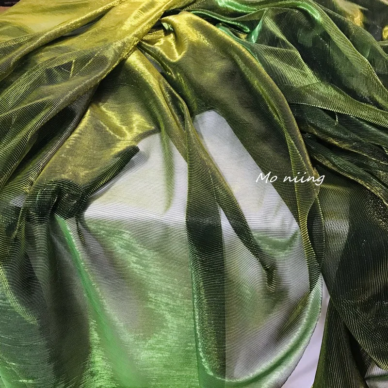 Gold and Green Bicolour Gradient Illusion Mesh Fabric Lightweight Colour-changing Glitter Dress Clothing Designer Fabrics