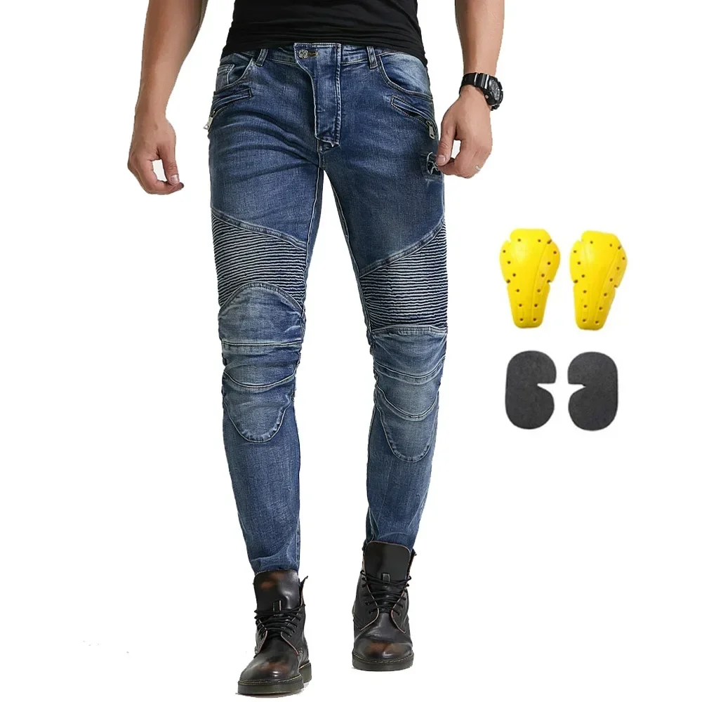 

New Windproof Men Motorcycle Motorbike Riding Jeans Cotton Slim Fit Locomotive Cycling Pants With CE Upgrade Knee Hip Protector