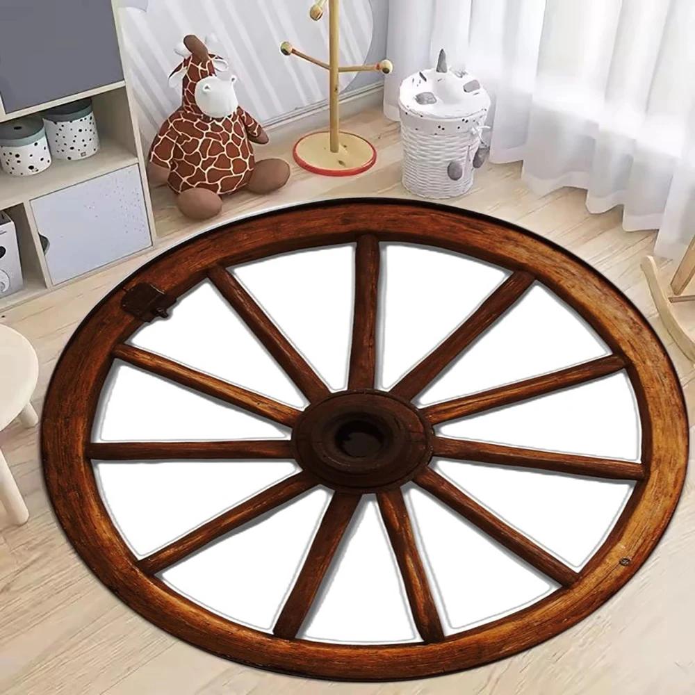 Vintage Wooden Wagon Wheel Round Carpet Retro Wood Style Easy Clean Soft Rug for Living Room Kids Bedroom