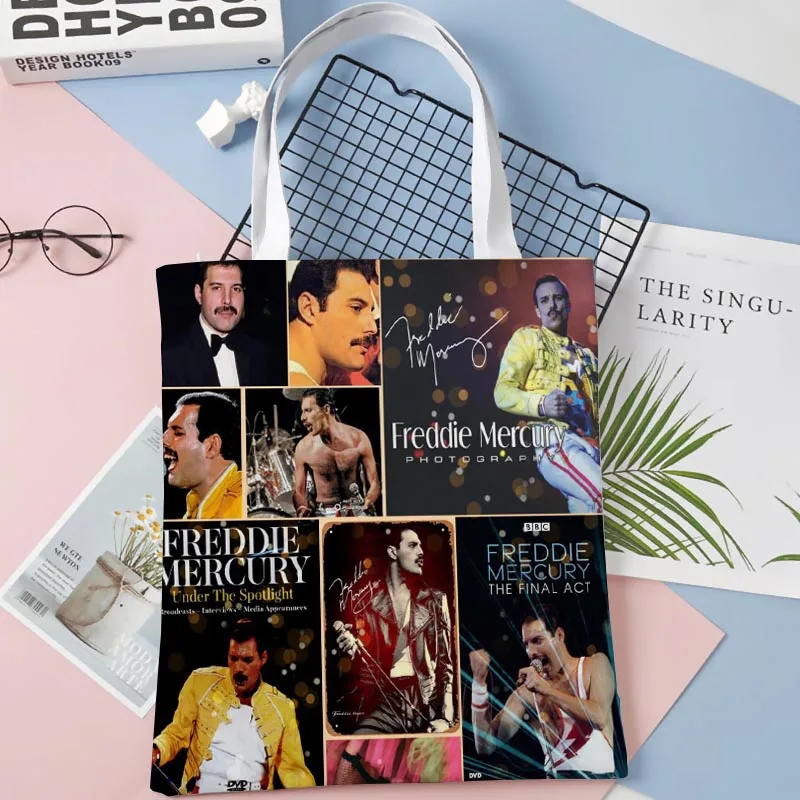 Custom Funny Freddie Mercury Tote Shopping Bags 30x35cm Tote Bag Reusable Handbag Women Shoulder Cloth Pouch Foldable 1014