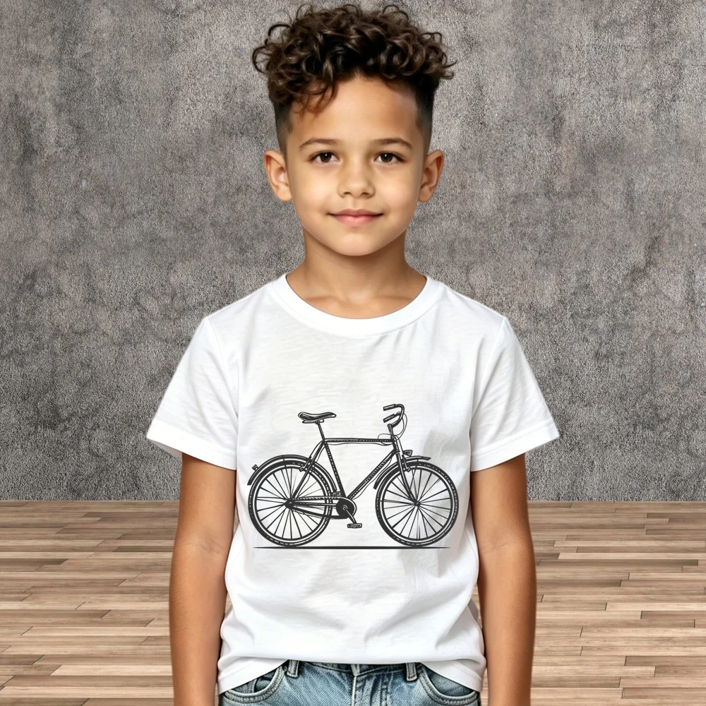 Bicycle Print T-shirt Kids Soft Cotton Short Sleeve Tees Children Crew Neck Summer Tops Toddler Boys Girls