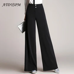 New Loose Women Wide Leg Pants Long Trousers Elegant High Waist Casual Pants Black Navy Elegant Straight Flat Office Pants