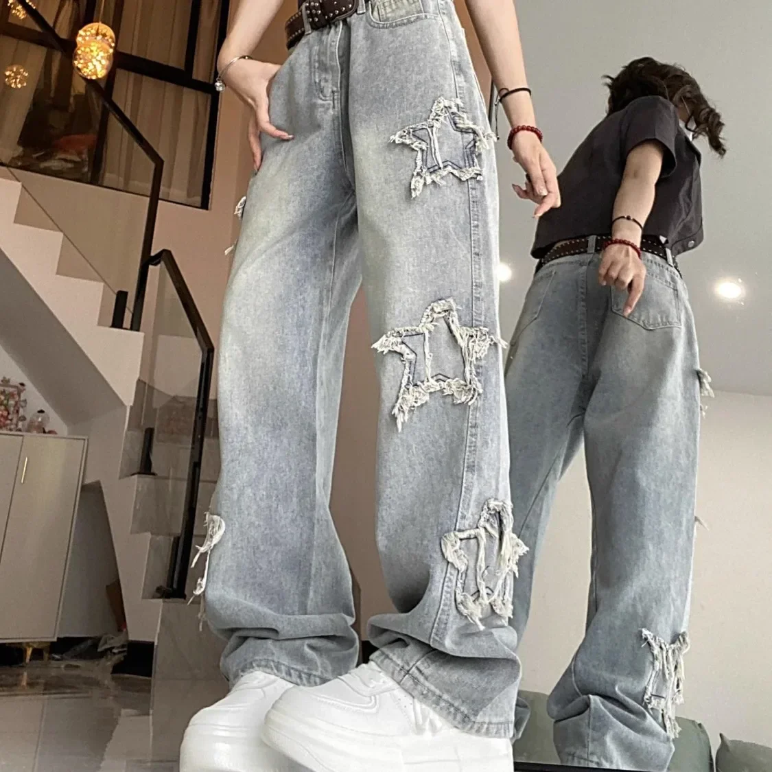 

Jeans Washed Star Graphic Patch Floor Length Distressed Straight Trousers Vintage Denims Women Wide Leg Pants Streetwear