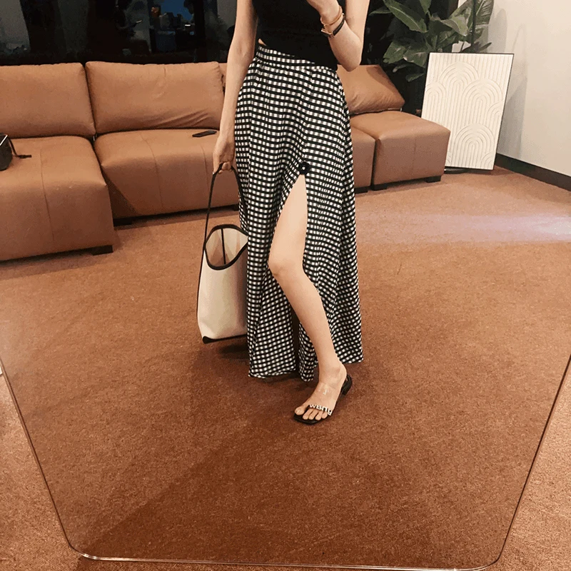 Hohe Taille Plaid A-Line Midi Rock frauen Herbst Neue Seite Schlitz Vintage Elastische Taille f Körper Rock Ele Abnehmen