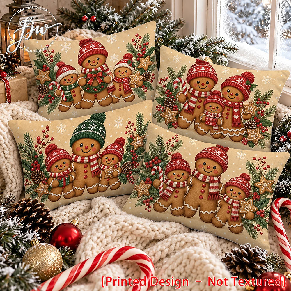4pc Christmas Gingerbread Family Throw Pillow Covers, Farmhouse Xmas Holiday Decorative Cushion Cases for Sofa Couch