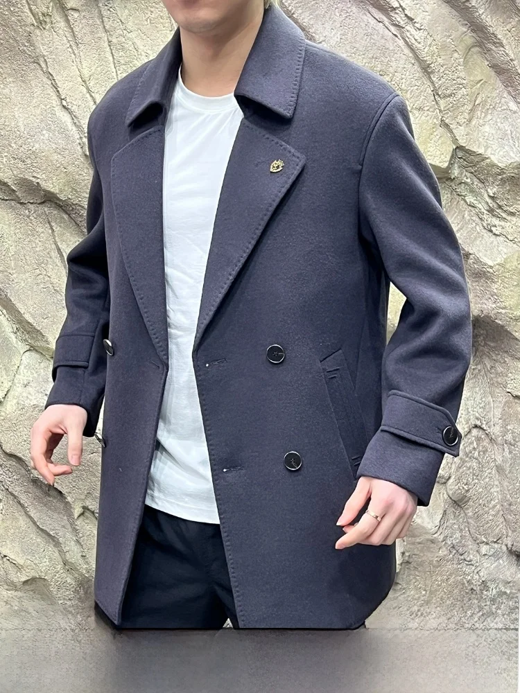 

Double-Faced Woolen down Jaet Men's Busin Casual Mid-Length Double-Breasted Goose down Coat Warm Fluffy Long Sve