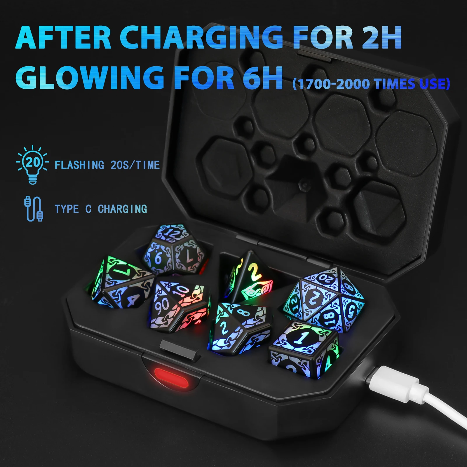 DND Dice Rechargeable with Charging Box, 7 PCS LED Electronic Dices for Tabletop Games D&D Dice 3-Color Glow