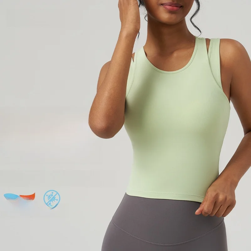 

Joomon Women's Sleeveless Sports Vest Summer Anti-Exposure Fitness Bra with Chest Pad Stacked Double Shoulder Straps