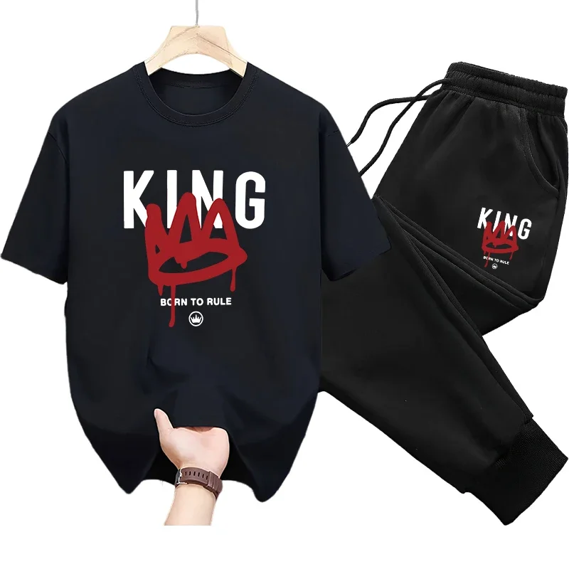 

2025 Hot Sale Men's King Print T-shirt Sweatpants 2pcs Set Summer Daily Casual Sports Outfits 2025 Urban Fashion Tees Tracksuit