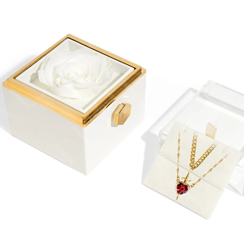 Rotating Eternal Rose Gift Box with Heart and Sword Pendant Necklace for Women Romantic Birthday Holiday Jewelry Gifts