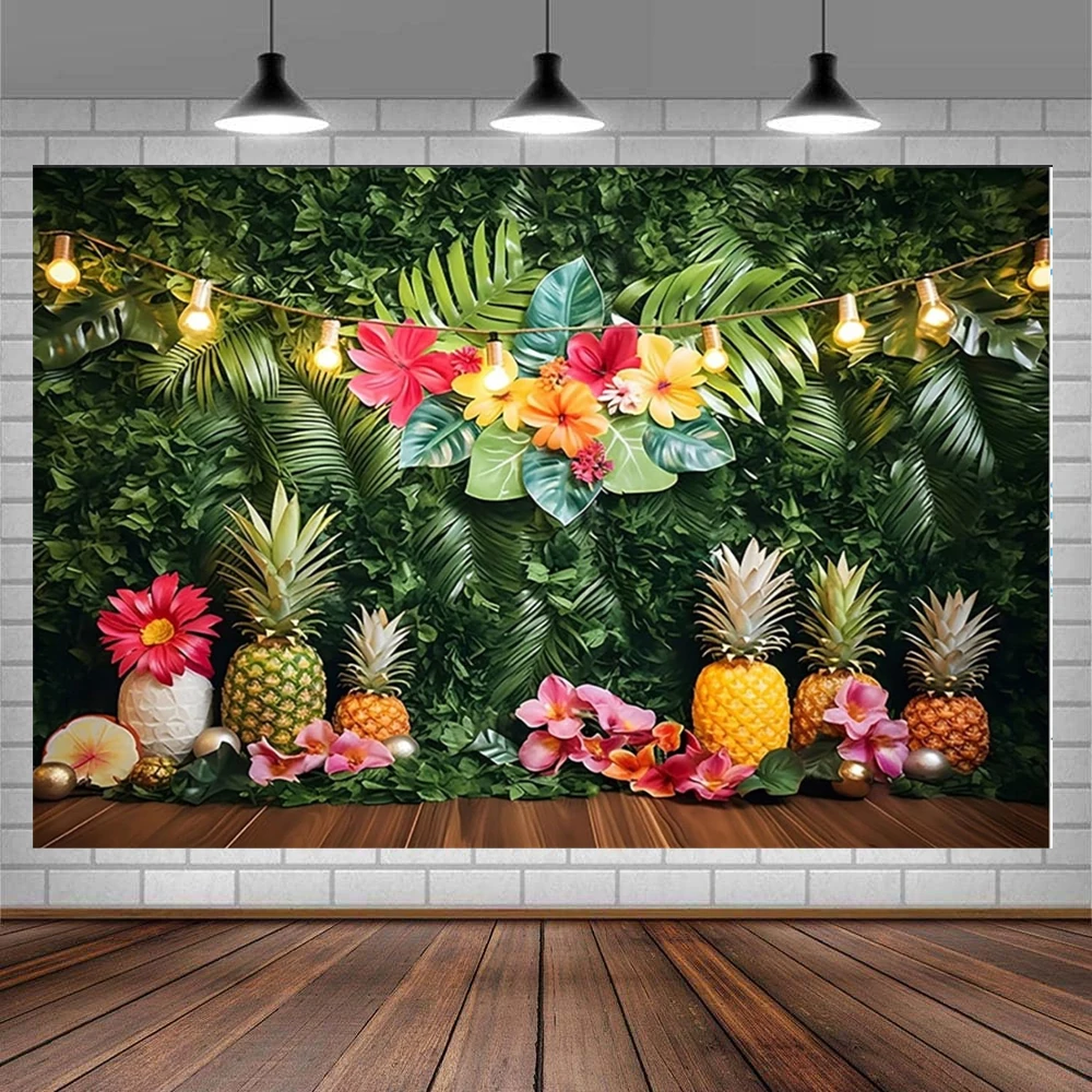 Tropical Plant Photography Backdrop Palm Leaf Wall Greenery Pineapple Fruit Background Aloha Birthday Party Decoration Banner