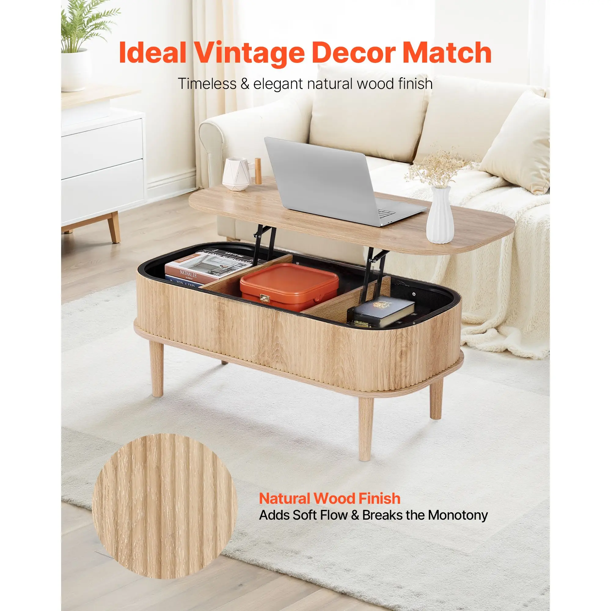 39.4 in Lift Top Coffee Table, Fluted Oval Coffee Table with 3 Hidden Compartment, Mid Century Wooden Oval Center Desk with Stor