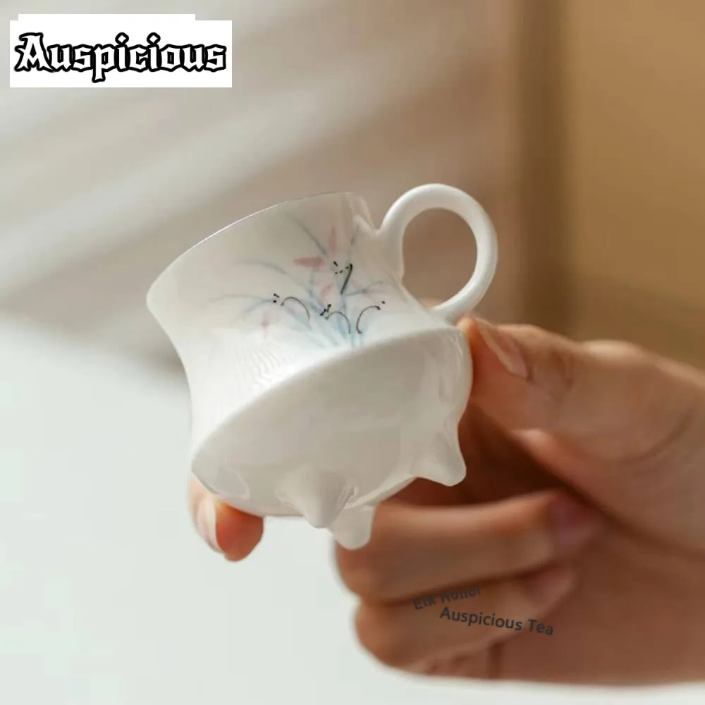 50ml Pure Hand-painted Orchid Porcelain Teacup White Gold Three Legged Tea Cup with Handle Personal Master Cup Teaset Drinkware